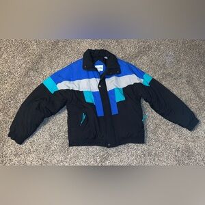 Vintage 80s-90s Men Spalding Blue and Black Puffer Windbreaker Coat Color block